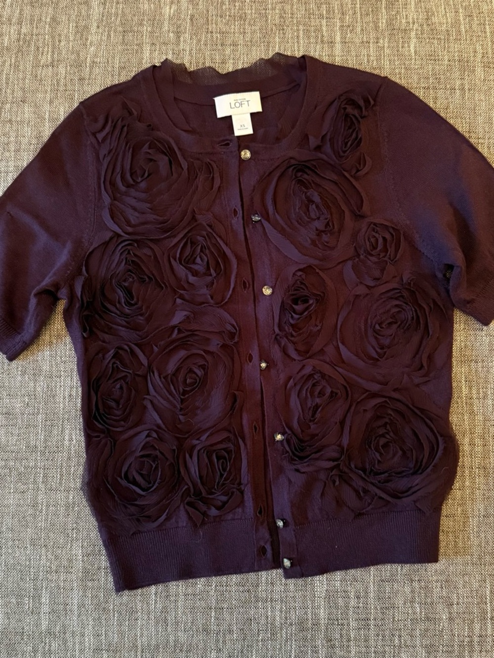 LOFT Plum Rose Appliqué Short-Sleeve Cardigan